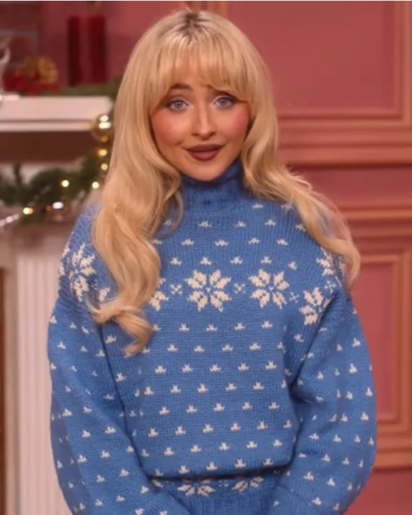 a-nonsense-christmas-with-sabrina-carpenter-blue-sweater-600x750