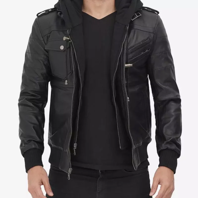 black-leather-hooded-bomber-jacket