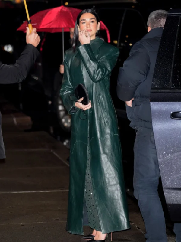 dua-lipa-green-leather-long-trench-coat