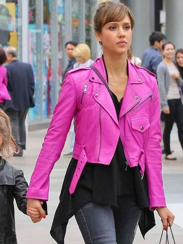 jessica-alba-pink-leather-jacket