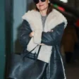 katie-holmes-black-leather-shearling-long-coat